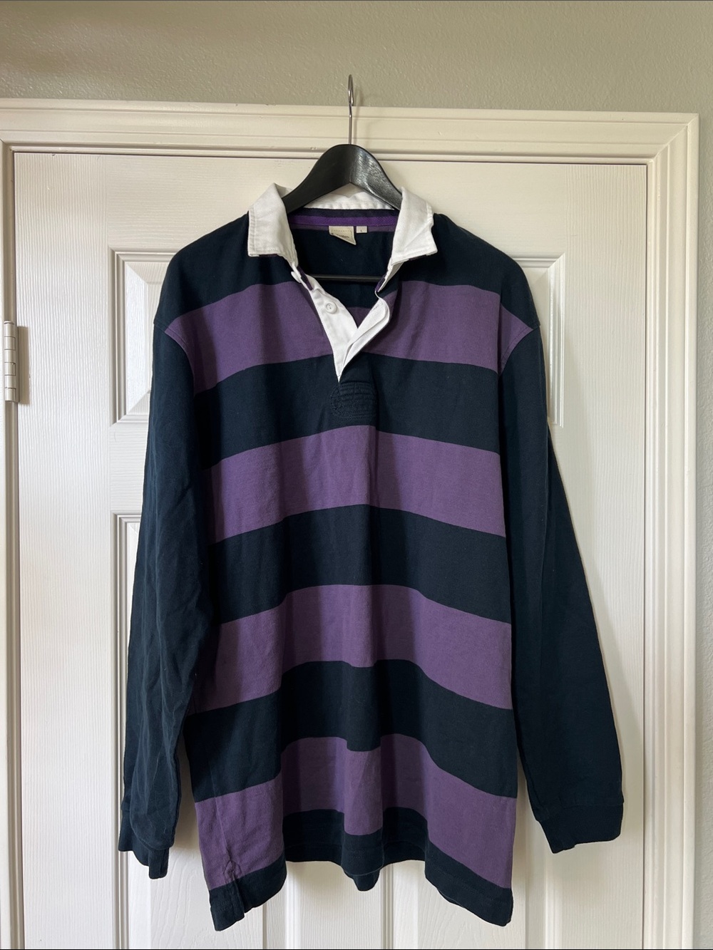 Men's Black & Purple Striped Rugby Shirt with White Collar